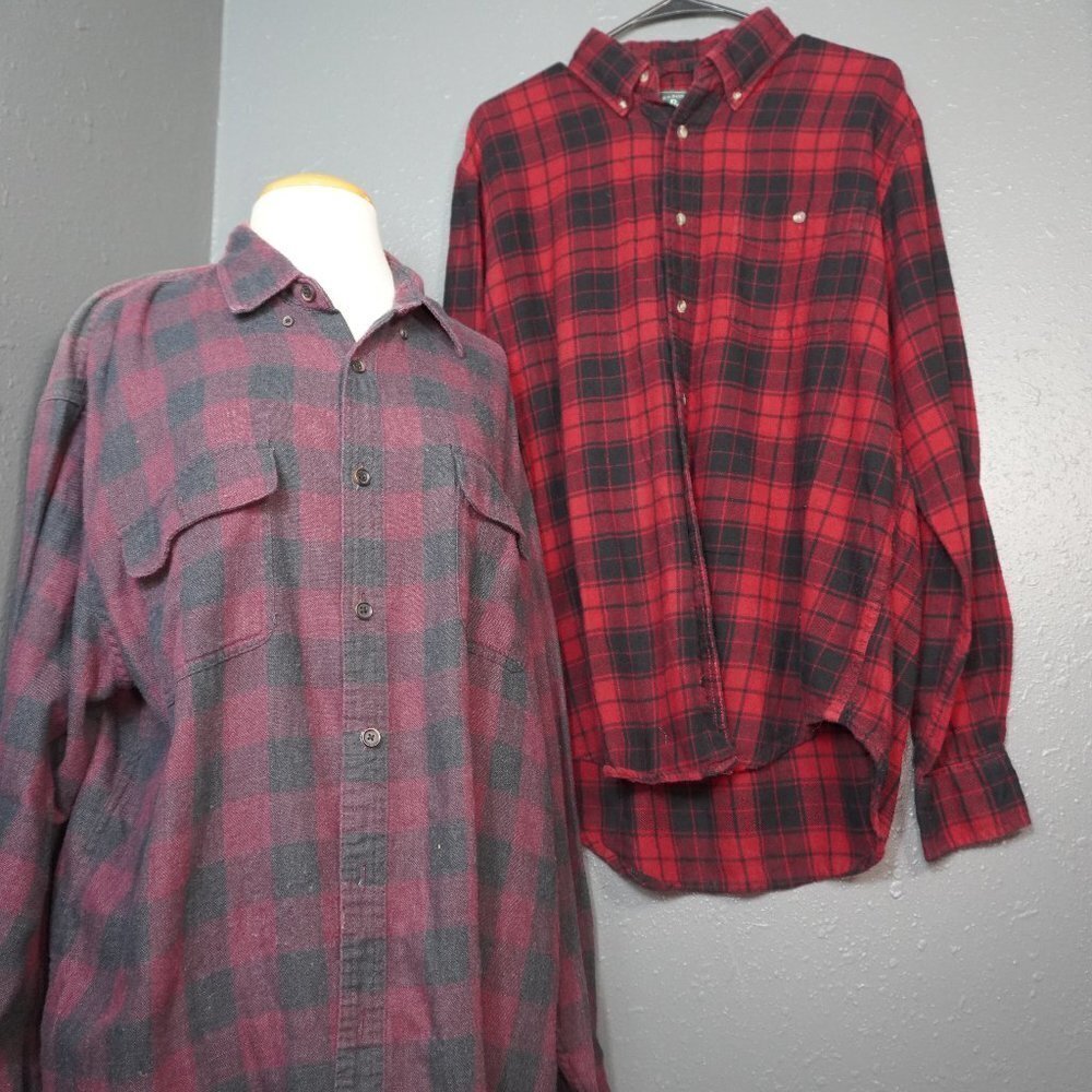 G.H Bass Mens Red Black Plaid Long Sleeve Button Down Bundle (2) Size Medium